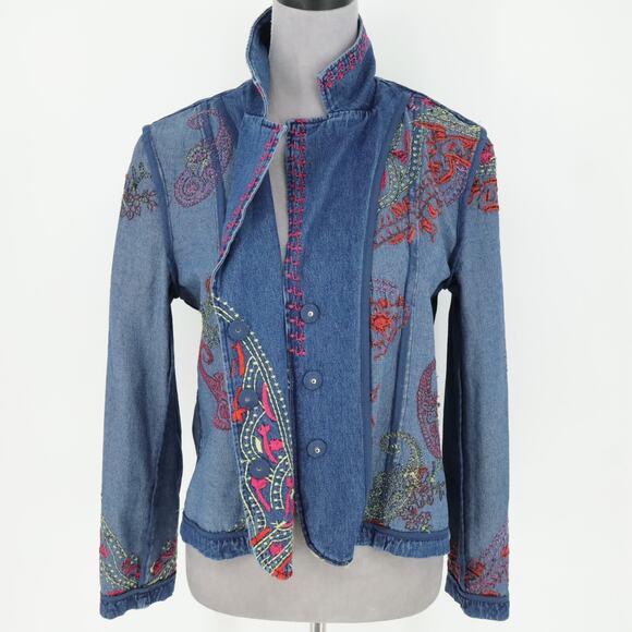 Coldwater Creek Jacket Womens Small Blue Embroidered Cotton Denim Jean Snaps - Picture 13 of 16